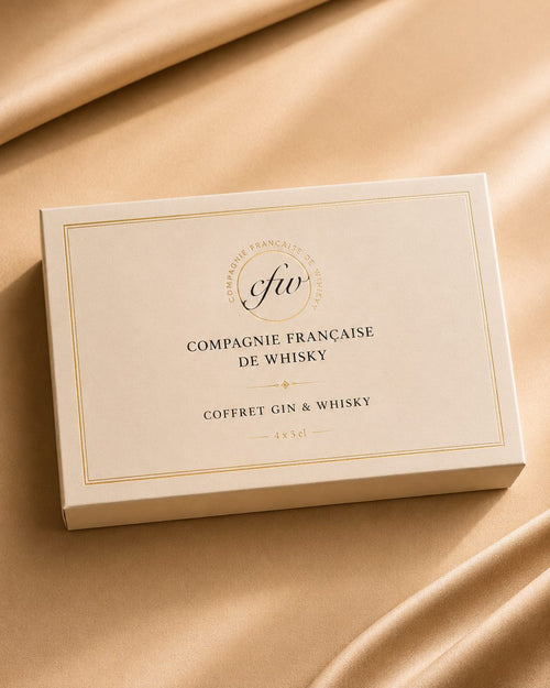 Coffret Gin & Whisky CFW 4 x 5 cl fermé, écrin premium pour découvrir quatre spiritueux français